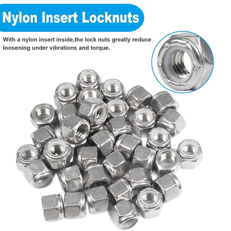 Yinpecly 110PCS 1/4"-20 Nylon Insert Hex Lock Nuts,304 Stainless Steel Locknuts,Hex Drive,Coarse Thread,Self-Locking Nuts for Industrial Construction Fasteners - Image 4